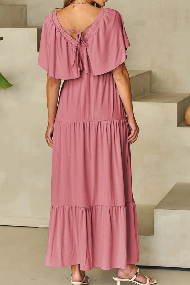 Ruffled V Neck Flutter Sleeve Maxi Dress for Women - Love Salve 