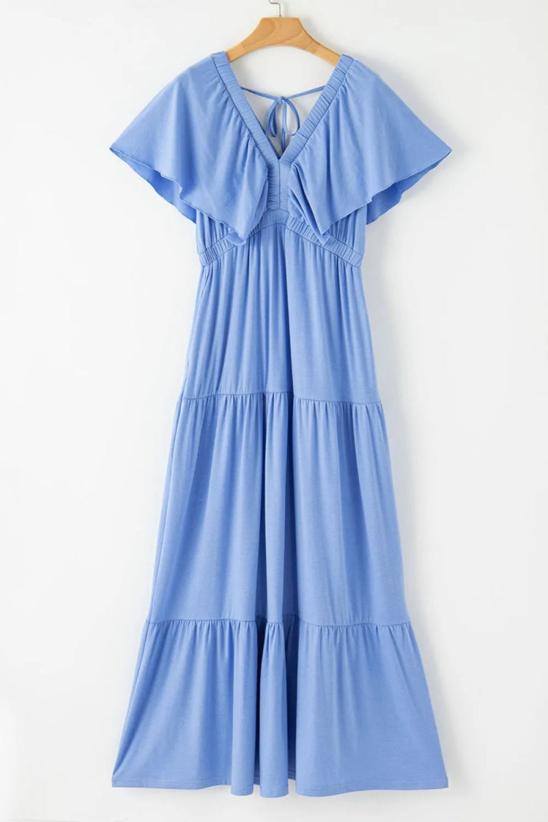 Ruffled V Neck Flutter Sleeve Maxi Dress for Women - Love Salve 
