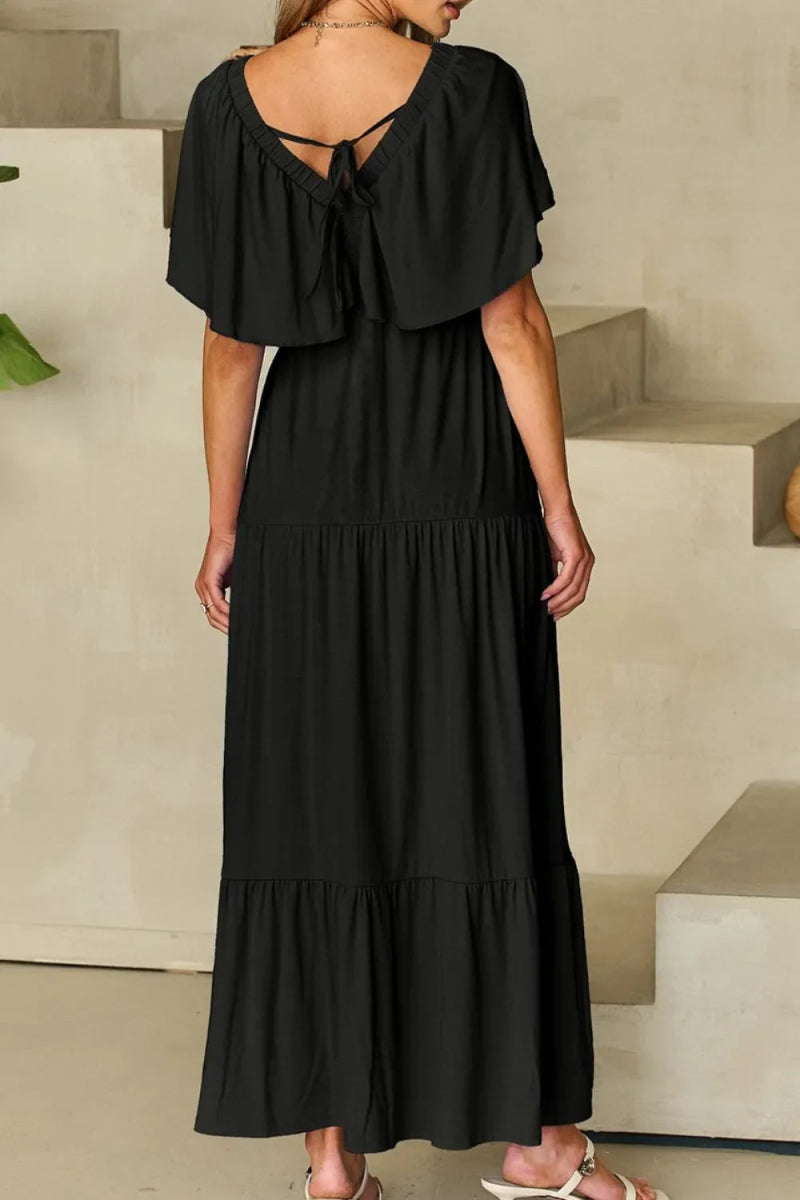Ruffled V Neck Flutter Sleeve Maxi Dress for Women - Love Salve 