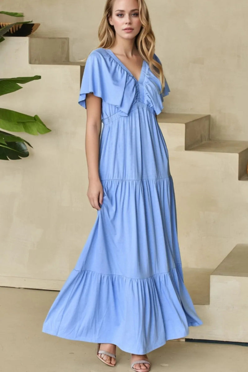 Ruffled V Neck Flutter Sleeve Maxi Dress for Women - Love Salve 