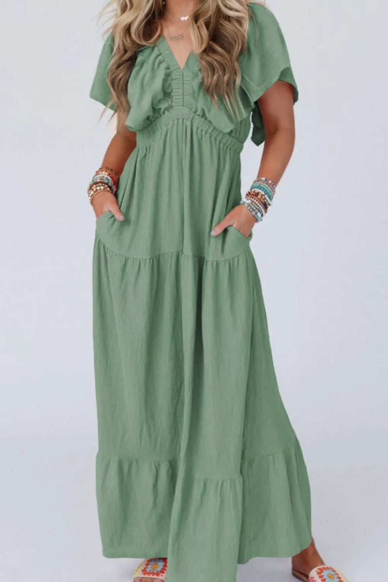 Ruffled V Neck Flutter Sleeve Maxi Dress for Women - Love Salve 