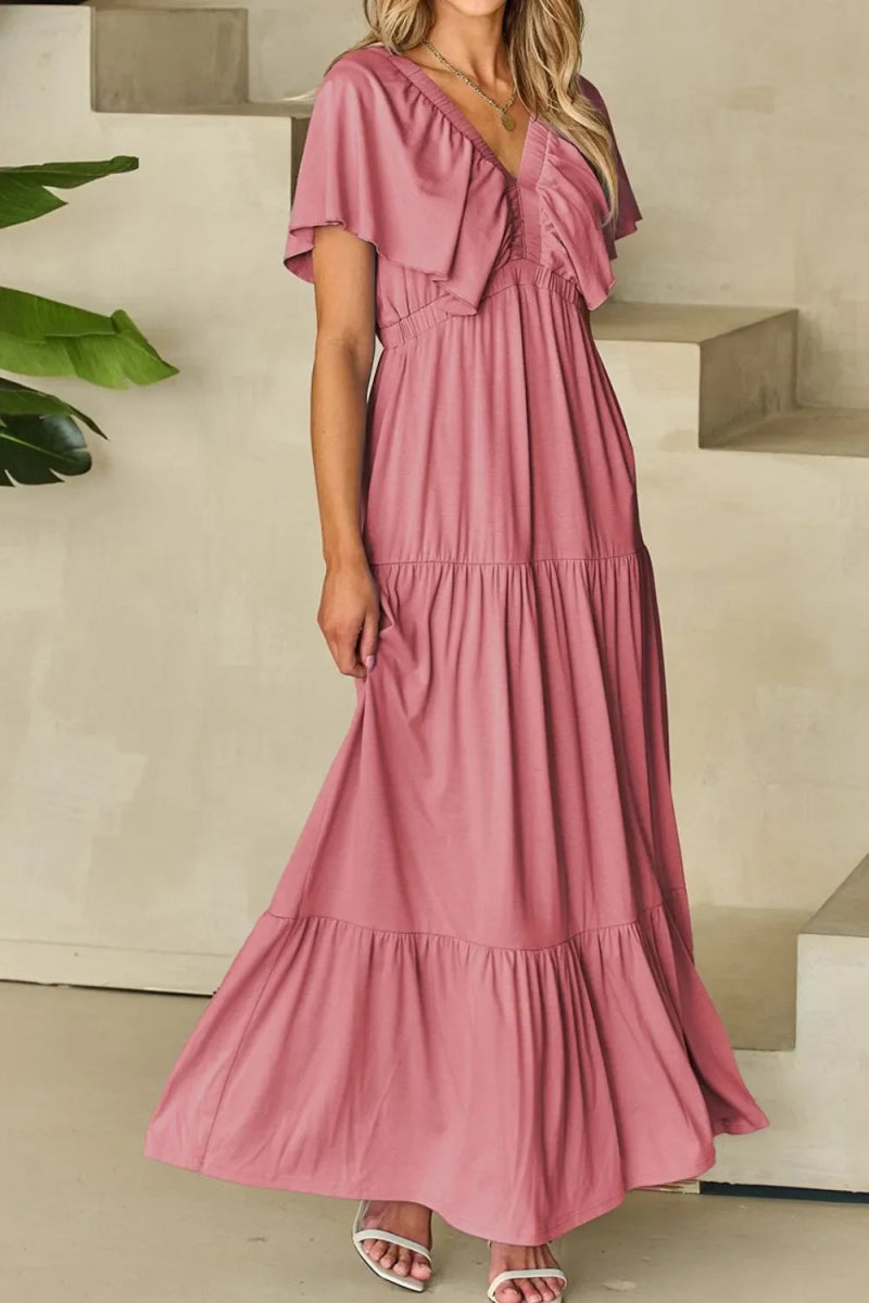 Ruffled V Neck Flutter Sleeve Maxi Dress for Women - Love Salve 