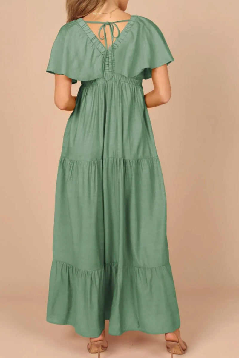 Ruffled V Neck Flutter Sleeve Maxi Dress for Women - Love Salve 