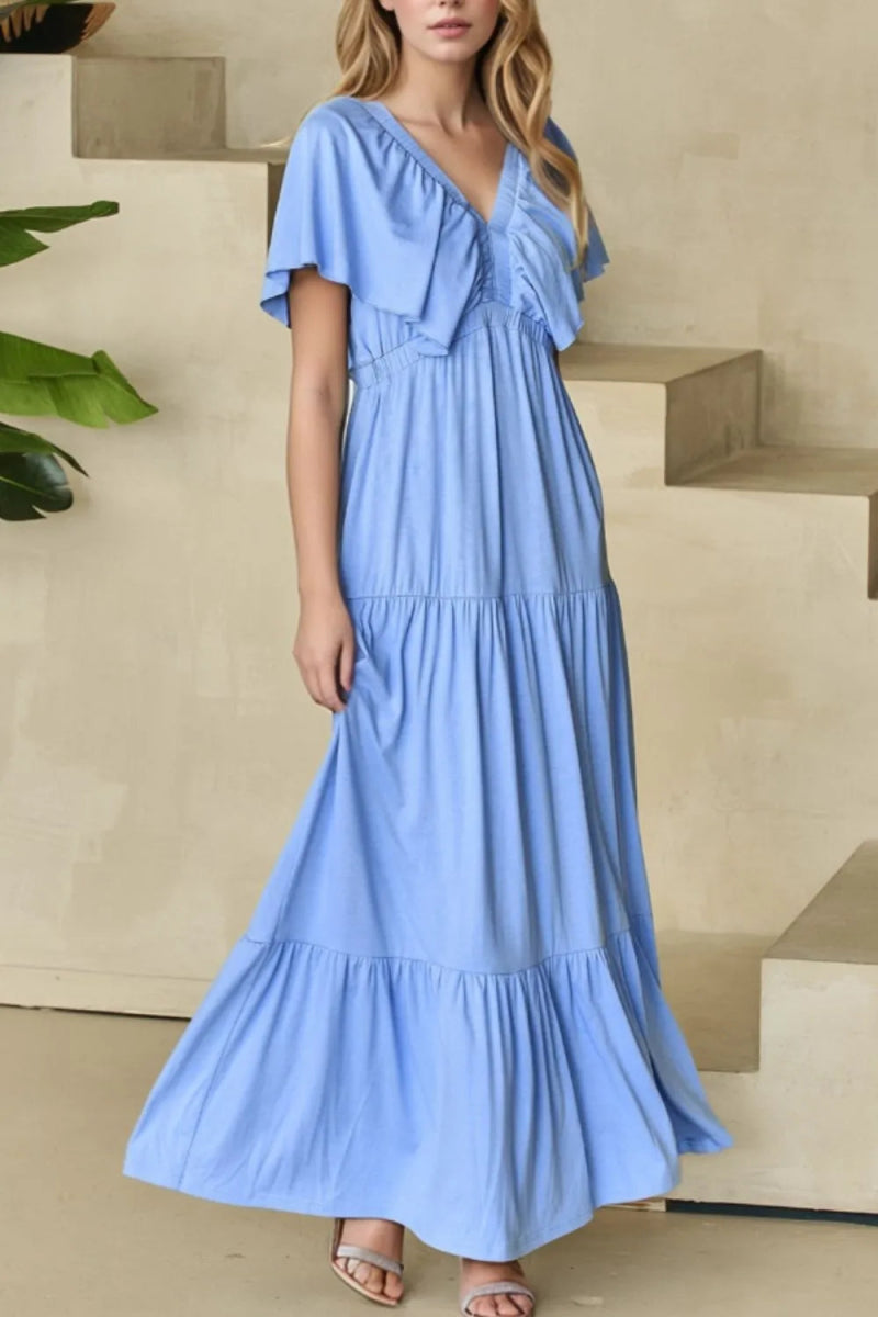 Ruffled V Neck Flutter Sleeve Maxi Dress for Women - Love Salve 