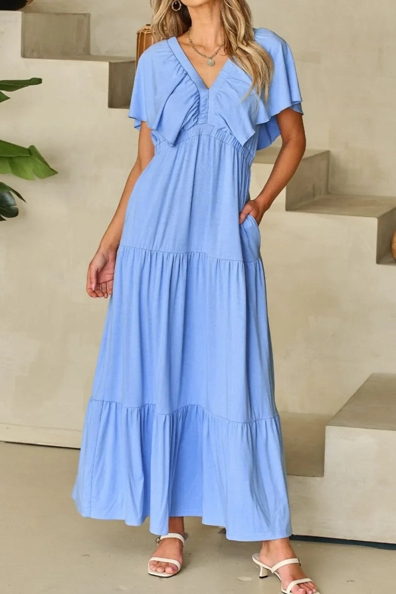 Ruffled V Neck Flutter Sleeve Maxi Dress for Women - Love Salve 