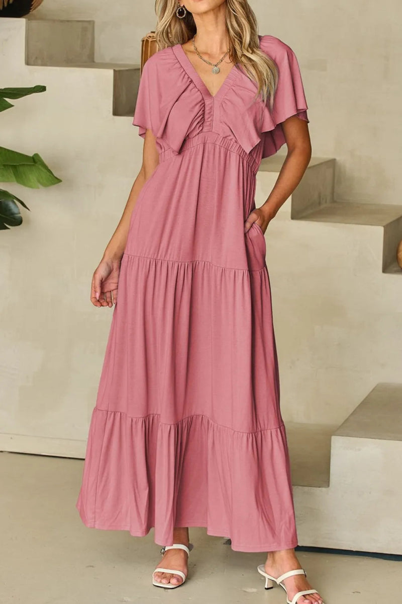Ruffled V Neck Flutter Sleeve Maxi Dress for Women - Love Salve 