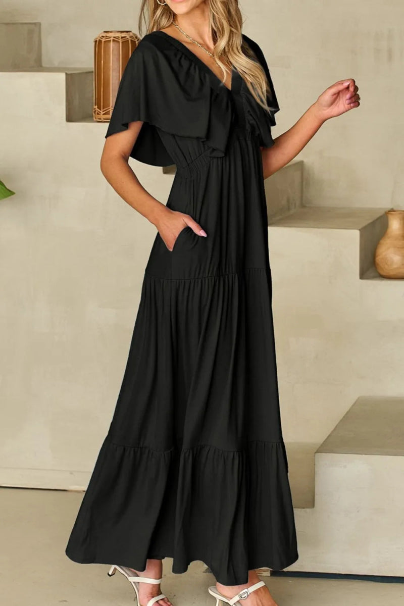 Ruffled V Neck Flutter Sleeve Maxi Dress for Women - Love Salve 