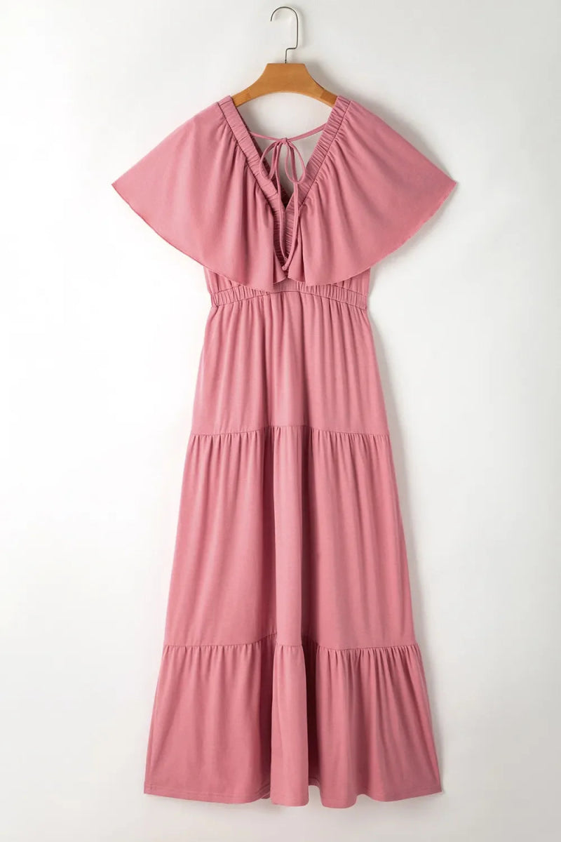Ruffled V Neck Flutter Sleeve Maxi Dress for Women - Love Salve 