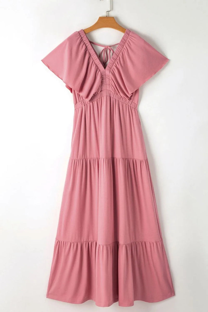 Ruffled V Neck Flutter Sleeve Maxi Dress for Women - Love Salve 