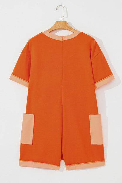 Russet Orange Two - tone Short Sleeve V Neck Patched Pocket Loose Romper - Love Salve