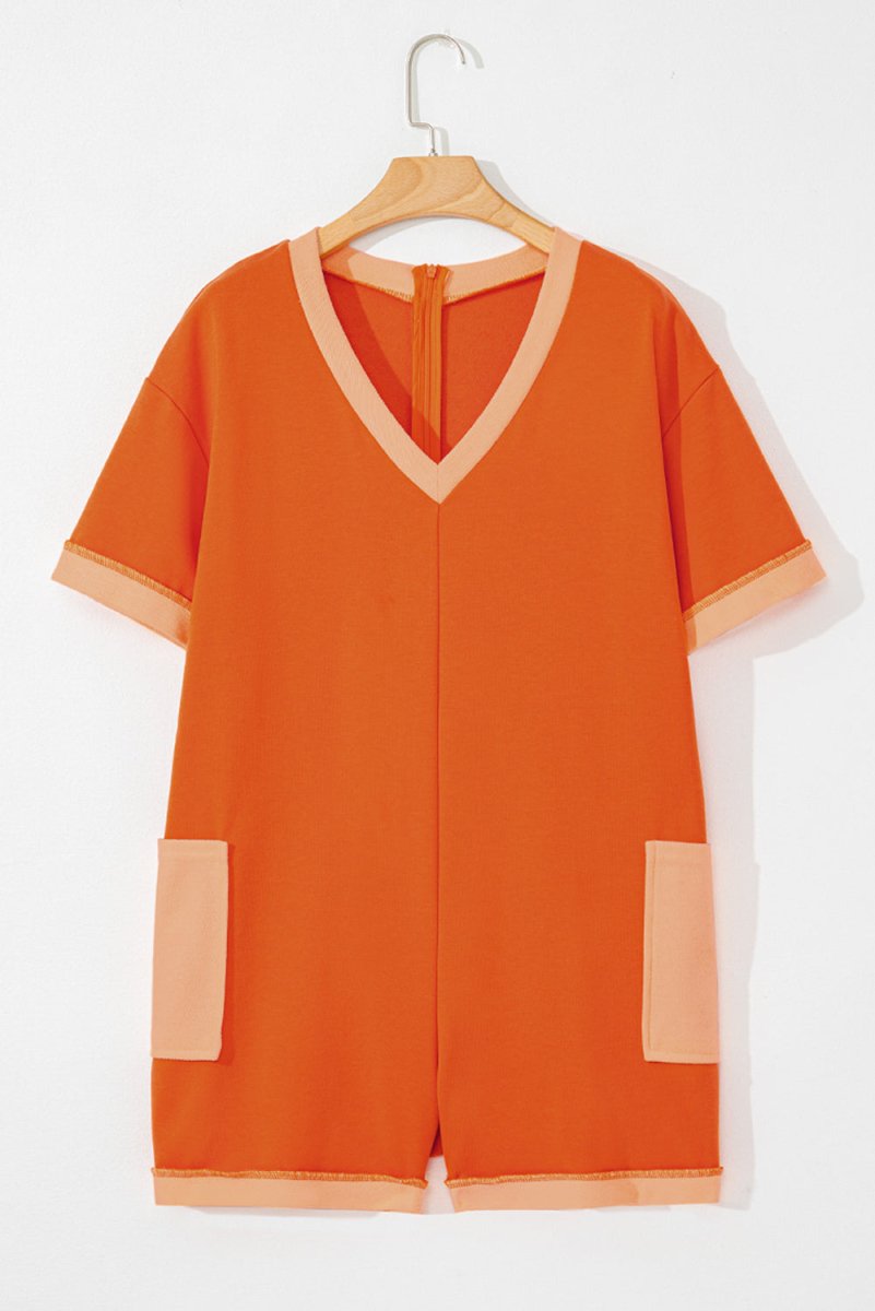 Russet Orange Two - tone Short Sleeve V Neck Patched Pocket Loose Romper - Love Salve