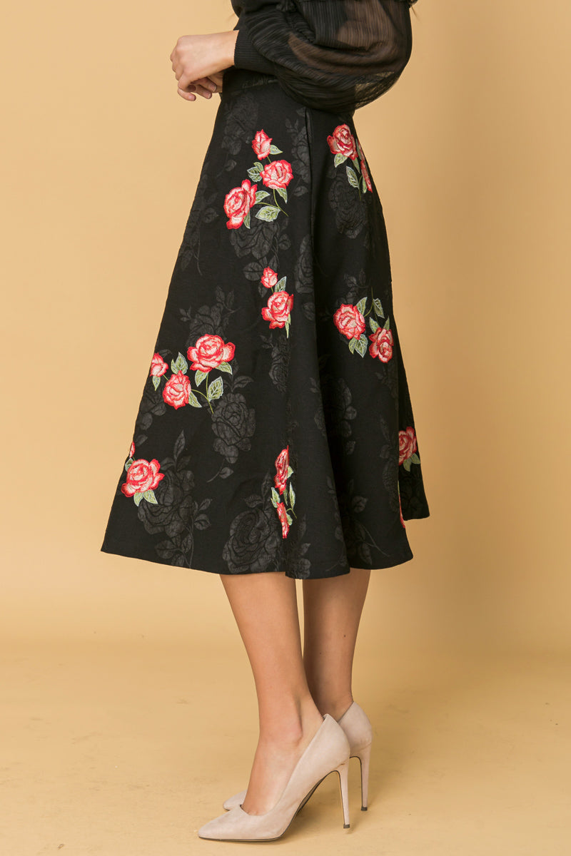 ROSE EMBROIDERY MIDI SKIRT Flying Tomato