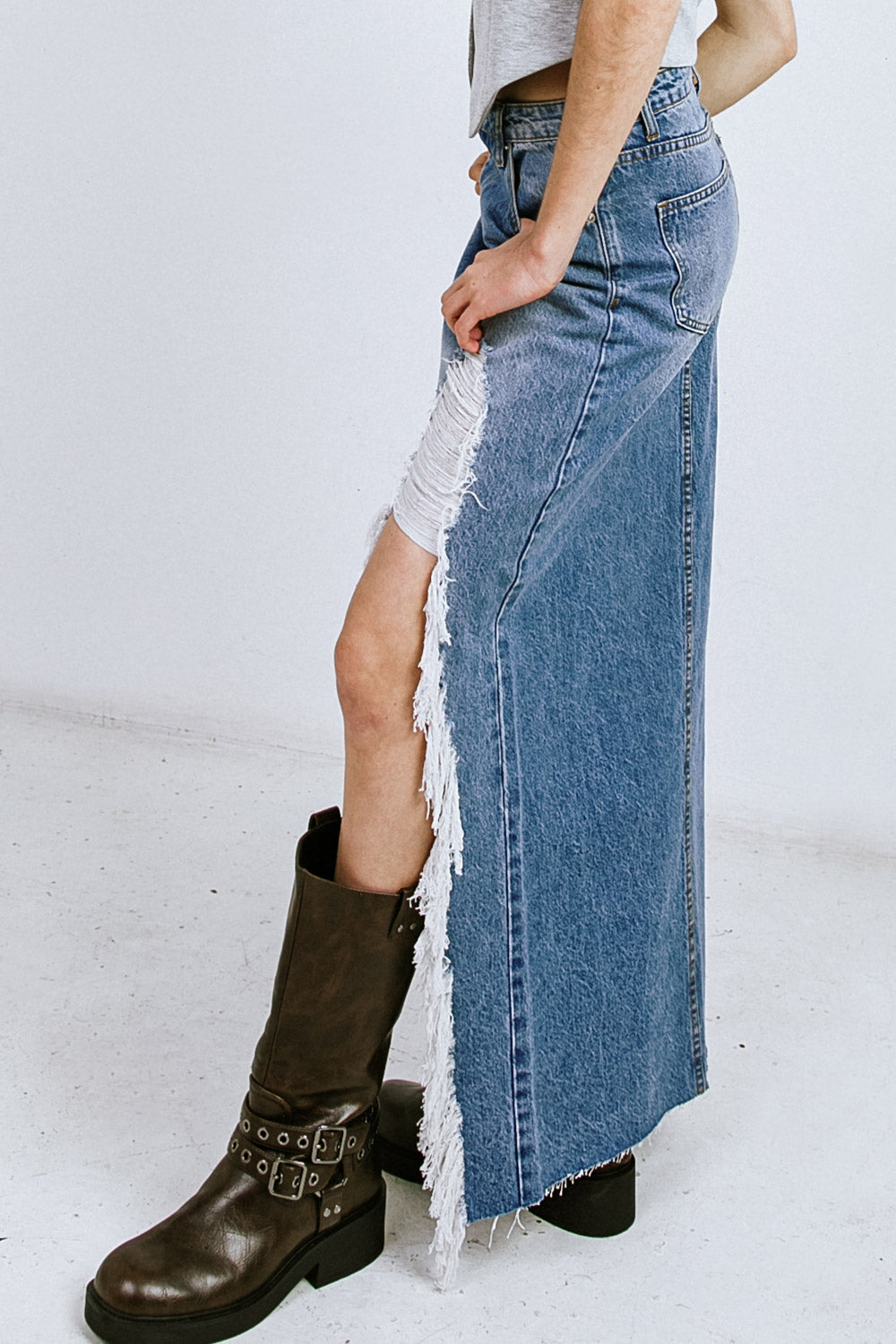 A DISTANT MEMORY DENIM MIDI SKIRT