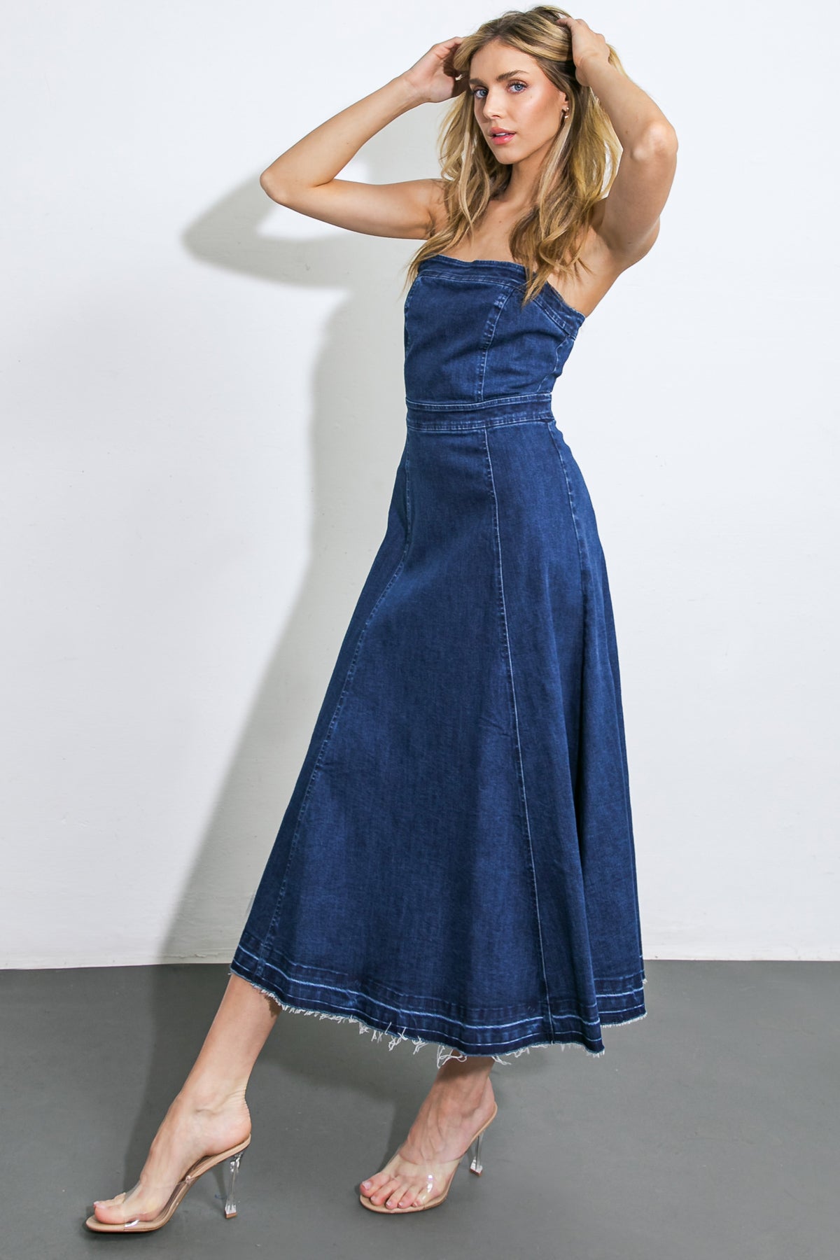 HERE GOES NOTHING DENIM MIDI DRESS Flying Tomato