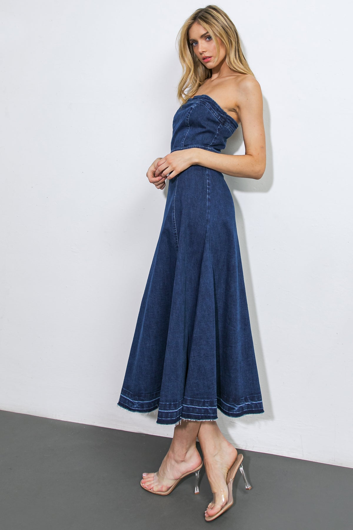 HERE GOES NOTHING DENIM MIDI DRESS