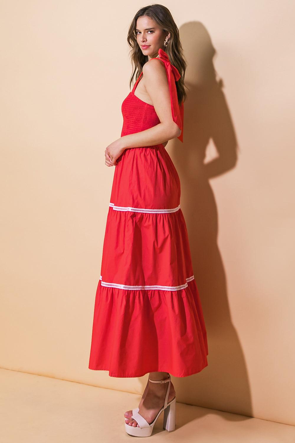 Lower half of the Flying Tomato BETTER THAN EVER POPLIN MIDI DRESS, showing the midi length and movement of the skirt.