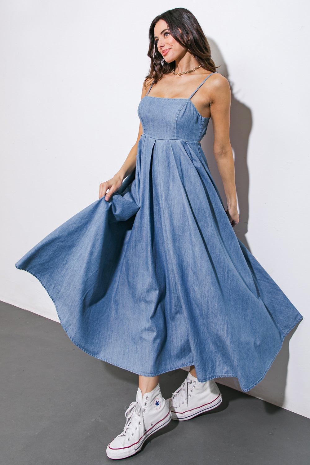 Flying Tomato CAPTIVATING HEART DENIM MIDI DRESS, back view. Highlighting the design details and comfortable fit of this deni