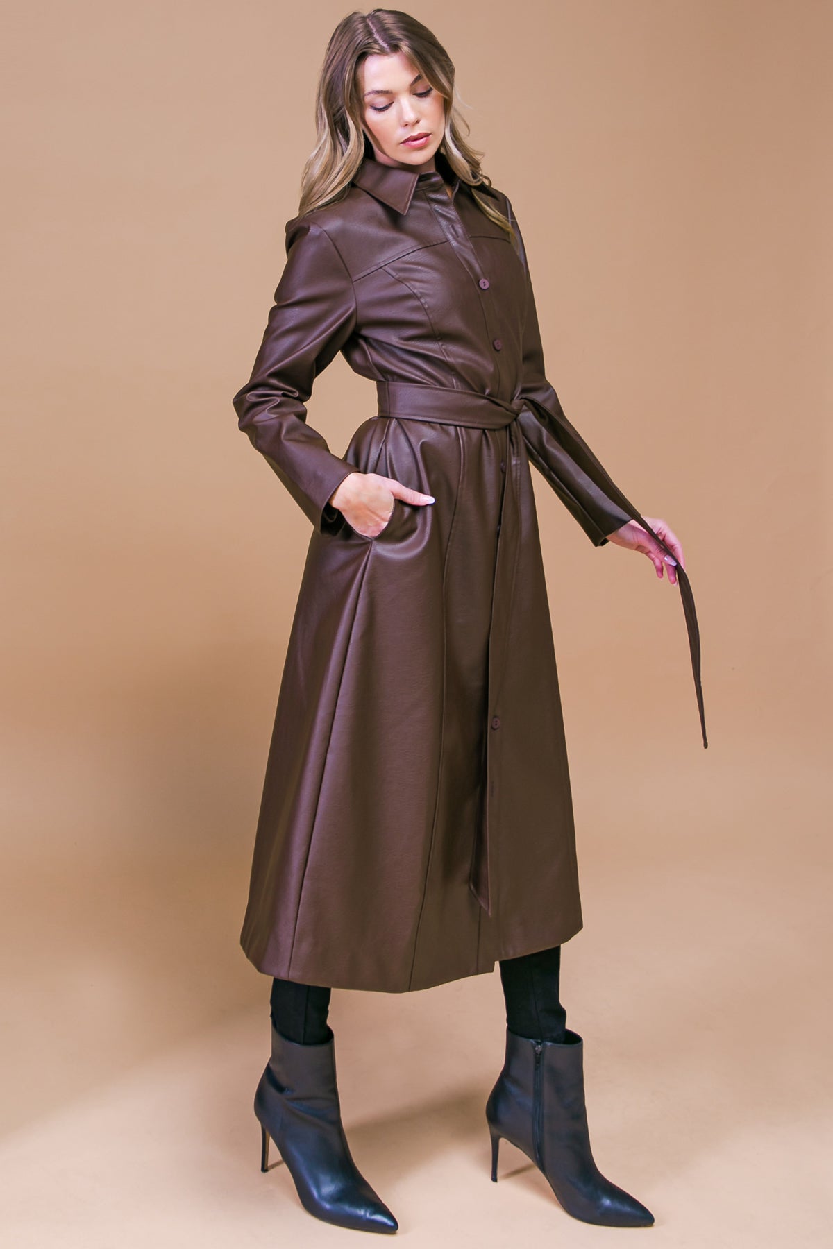 WHAT A WONDERFUL DAY LEATHER MIDI COAT