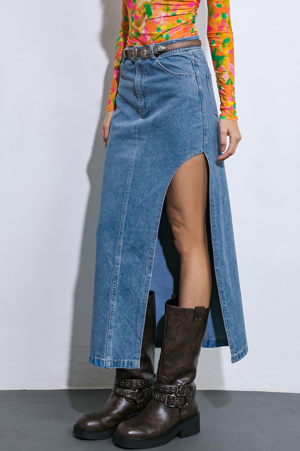 KEEP SHINING DENIM MIDI SKIRT Flying Tomato