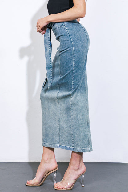 THE GRASS IS GREENER DENIM MIDI SKIRT