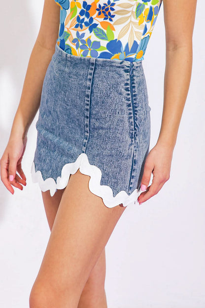 Acid Washed Denim Skort with Contrasting Hemline