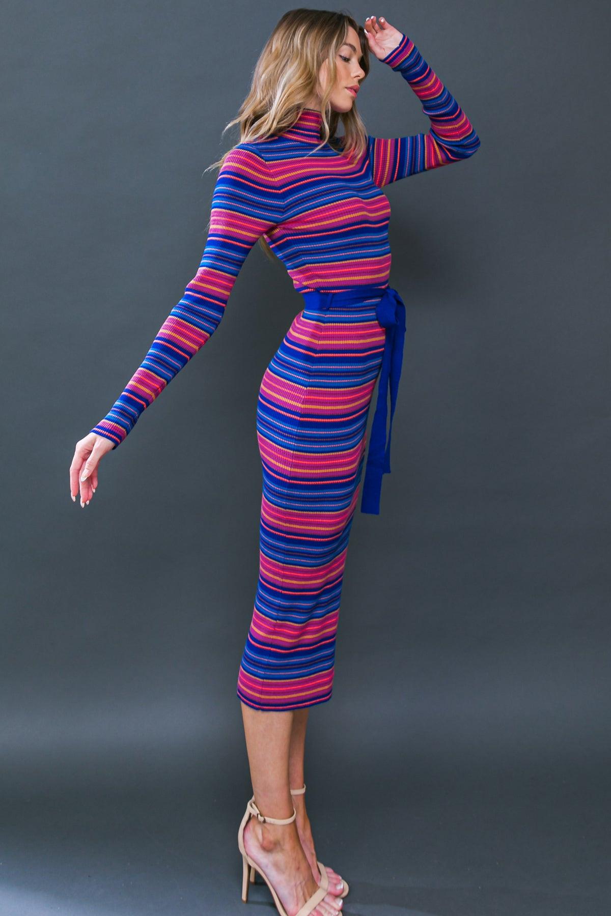 Back view of the Flying Tomato NOTEWORTHY SHINE SWEATER MIDI DRESS, displaying the elegant drape and full length design.