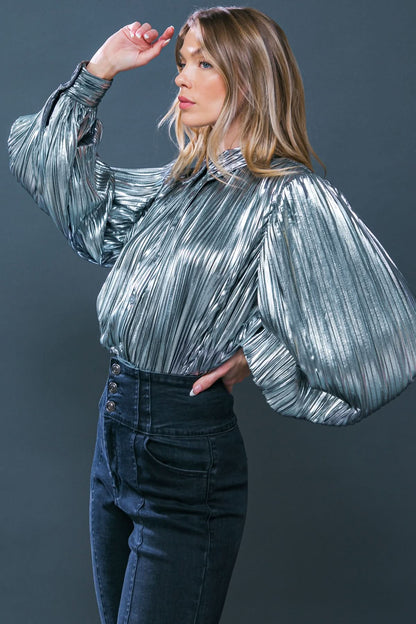 Chic Metallic Pleated Shirt Top