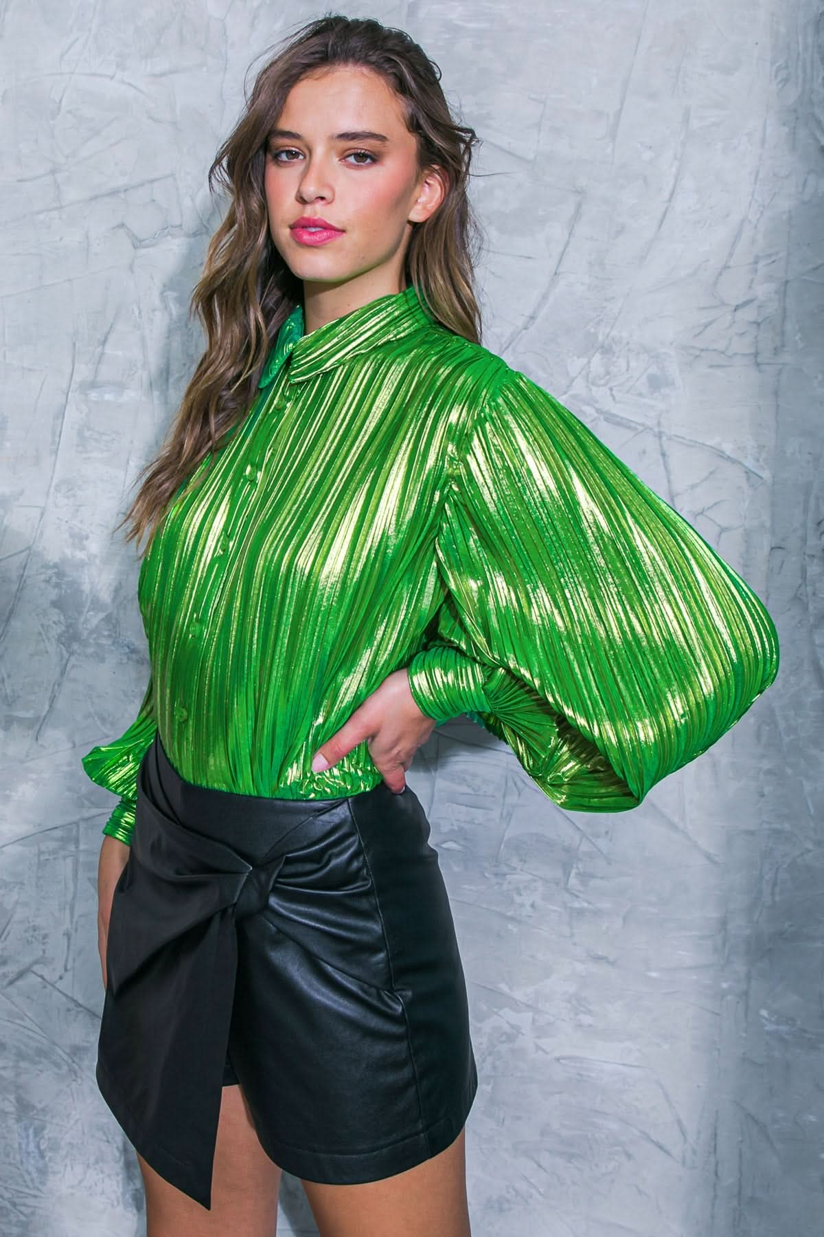 Chic Metallic Pleated Shirt Top