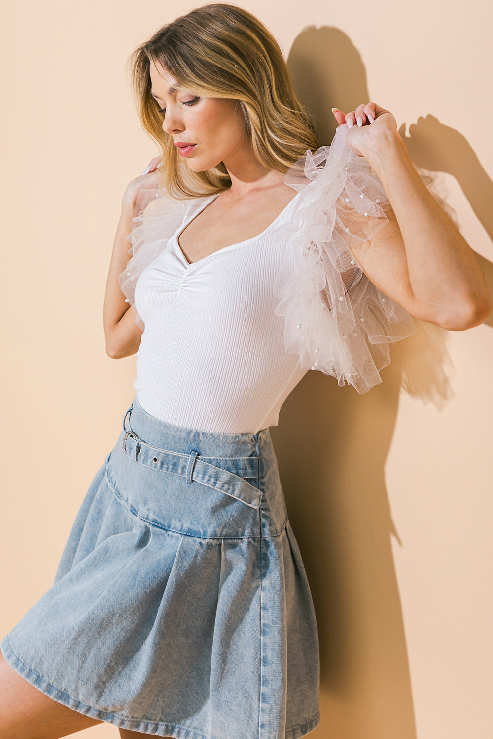 Make It Work Knit Bodysuit Sweetheart Neckline Pearl Sleeves