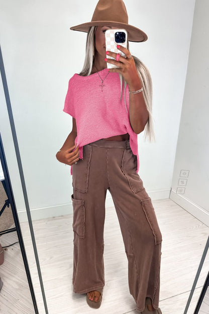 Sachet Pink Solid Color Sweater Tee with Side Slits Fashion - Love Salve