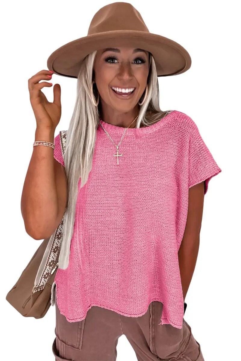 Sachet Pink Solid Color Sweater Tee with Side Slits Fashion - Love Salve 