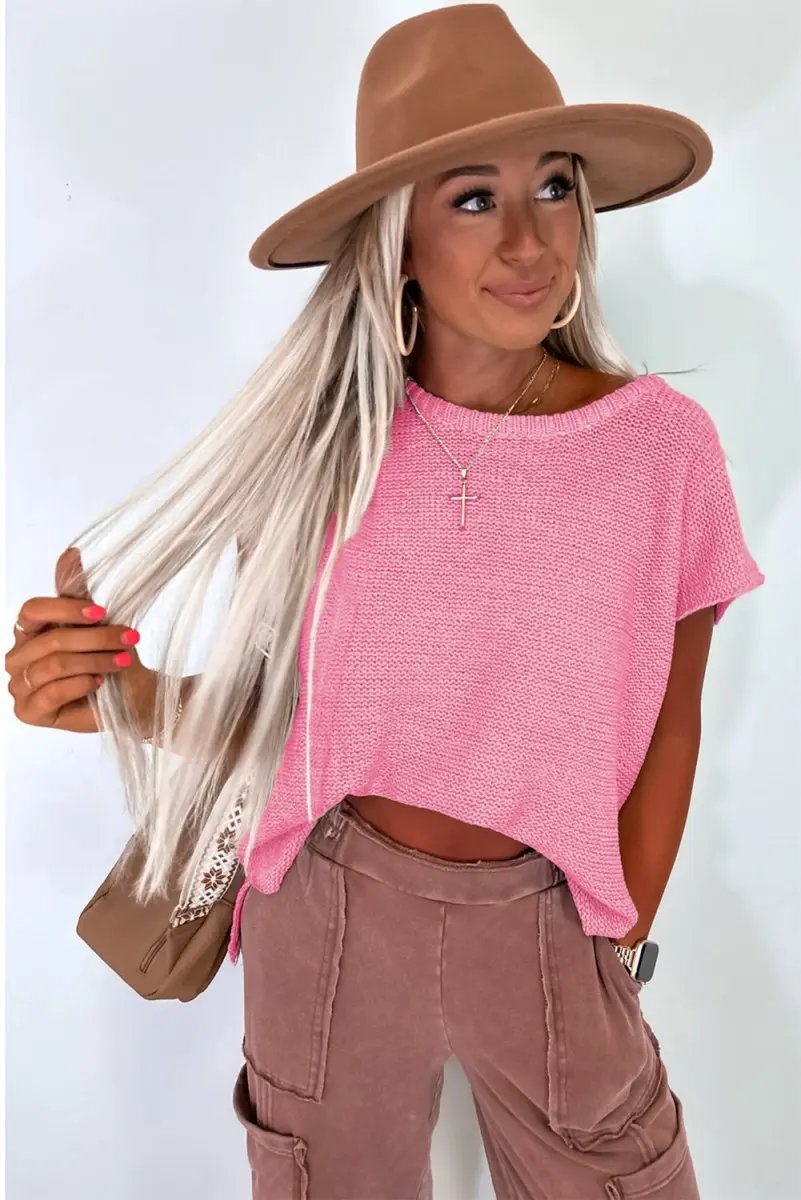 Sachet Pink Solid Color Sweater Tee with Side Slits Fashion - Love Salve 