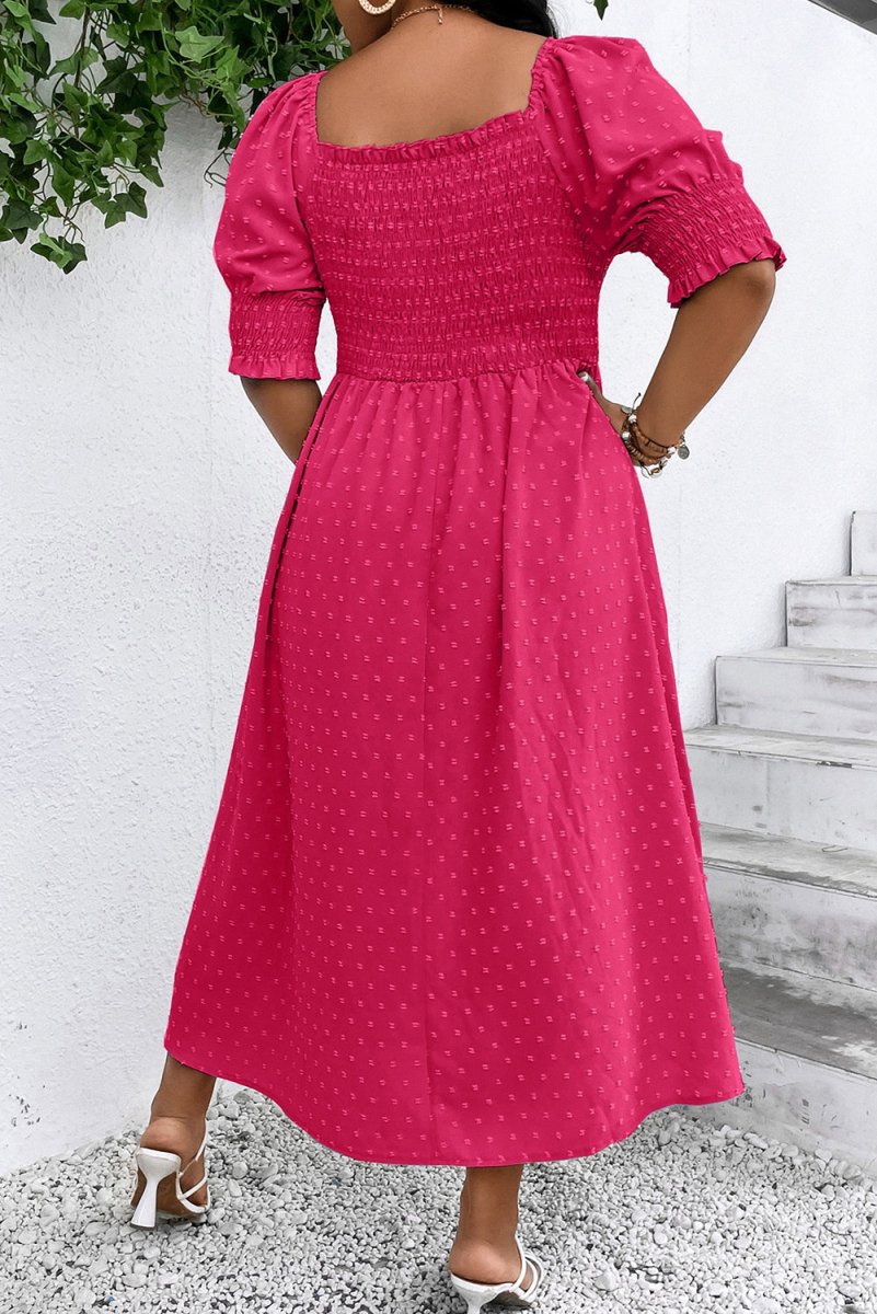 Sachet Pink Swiss Dot Smocked Frilled Neckline Plus Size Dress - Love Salve 