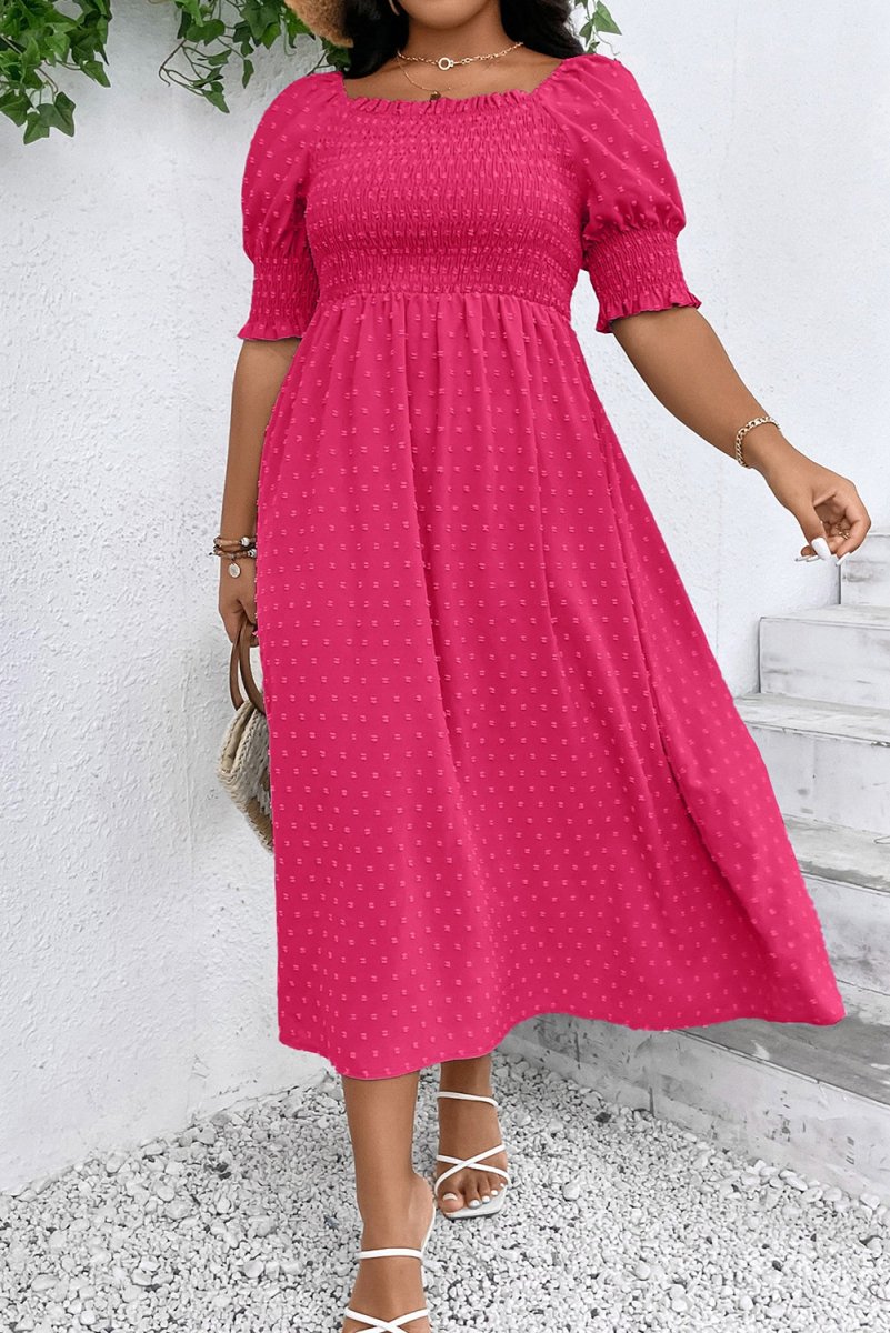 Sachet Pink Swiss Dot Smocked Frilled Neckline Plus Size Dress - Love Salve 