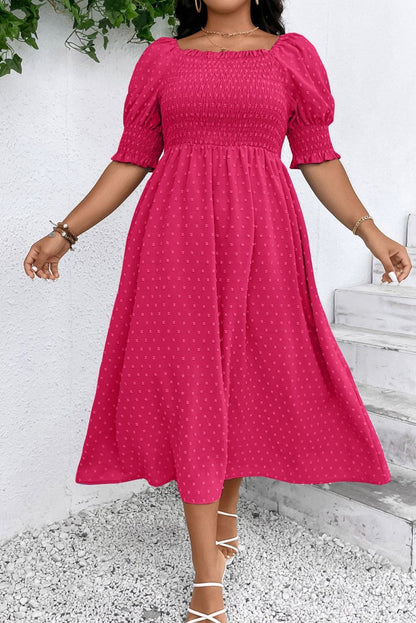 Sachet Pink Swiss Dot Smocked Frilled Neckline Plus Size Dress - Love Salve 