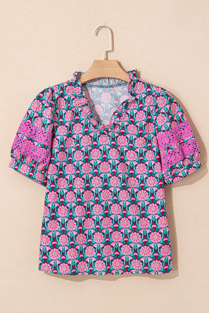 Sachet Pink V-Neck Ruffle Abstract Floral Puff Sleeve Top - Love Salve 