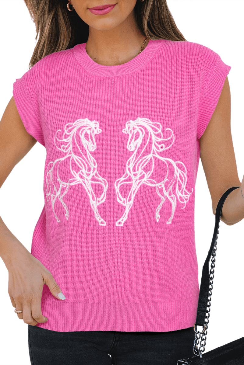 Sachet Pink Western Horse Embroidered Round Neck Sweater Tee - Love Salve