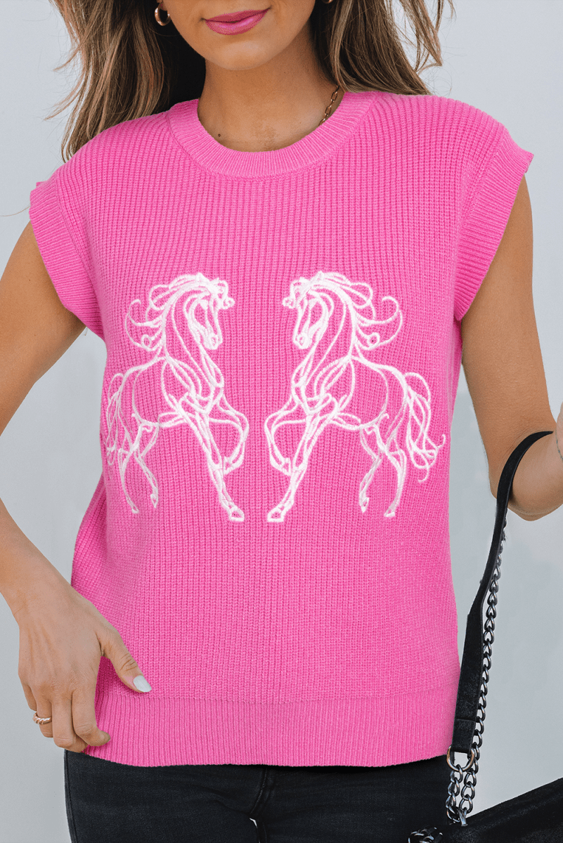 Sachet Pink Western Horse Embroidered Round Neck Sweater Tee - Love Salve