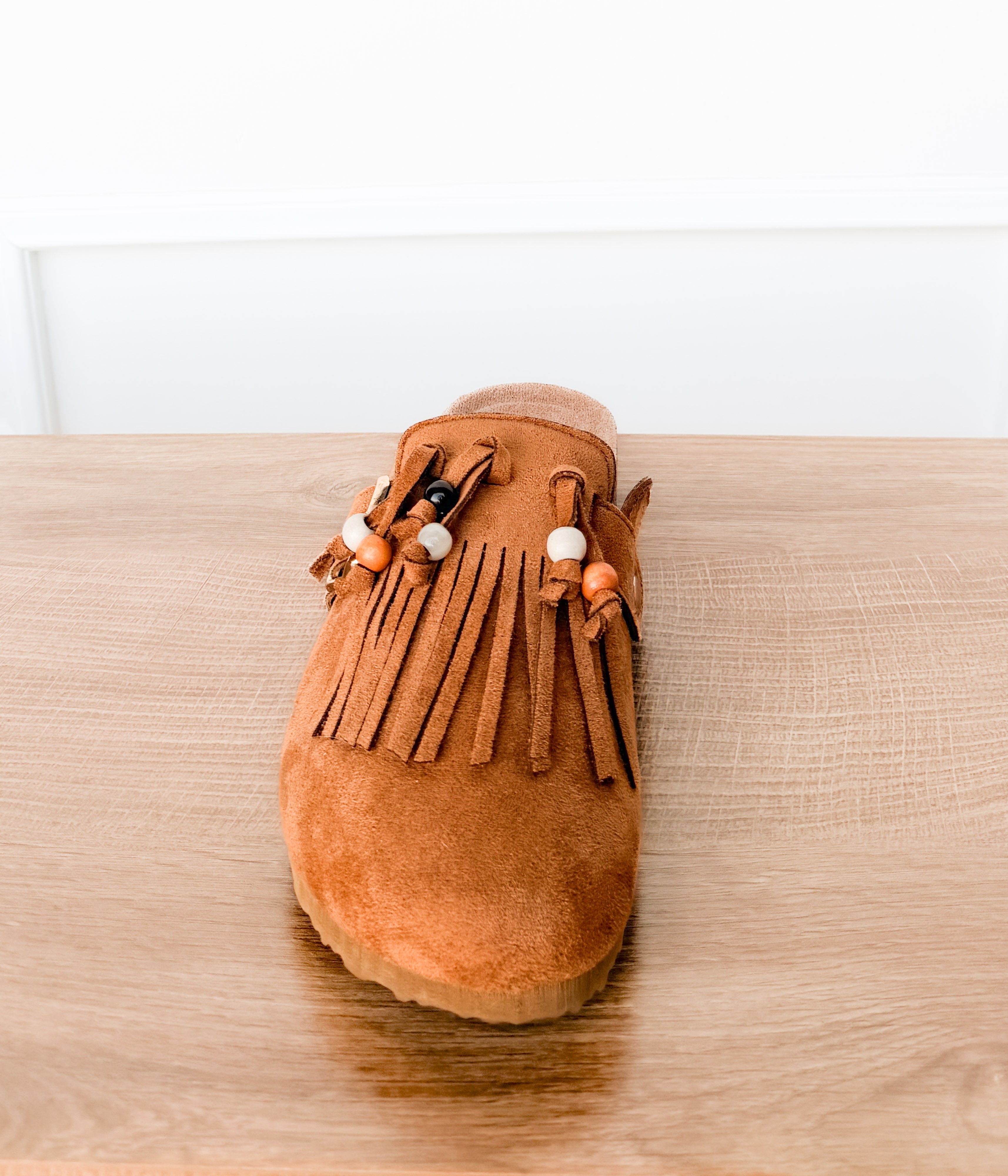 Sadie Western Fringe Beaded Flat Mules in Tan