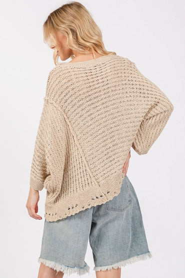 SAGE + FIG Distressed Asymmetrical Open Stitch Sweater - Love Salve 