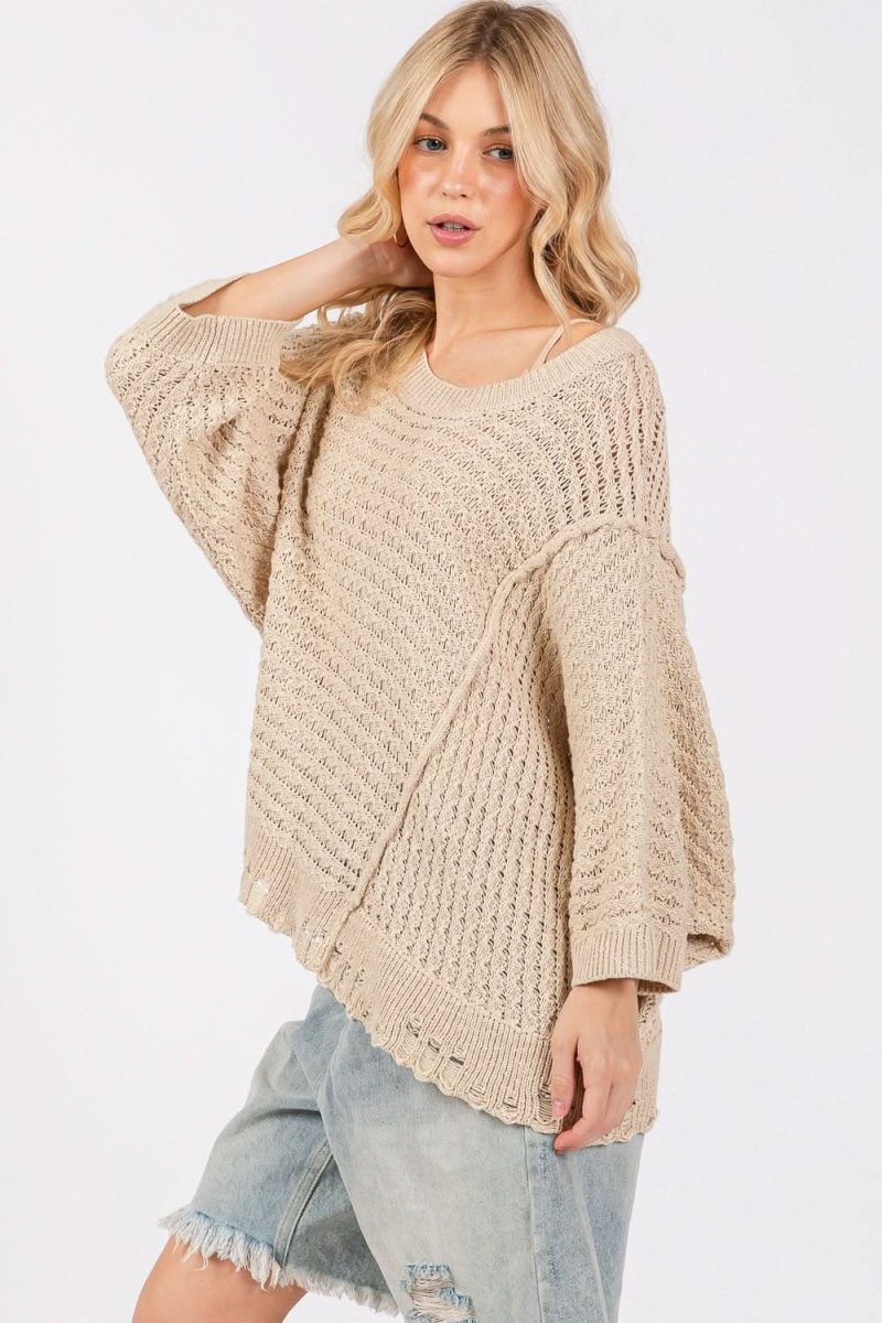 SAGE + FIG Distressed Asymmetrical Open Stitch Sweater - Love Salve 