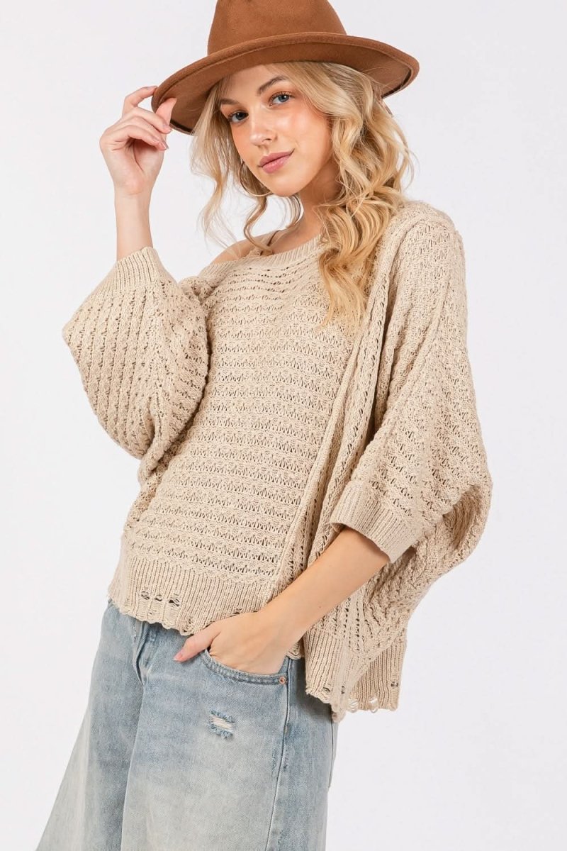 SAGE + FIG Distressed Asymmetrical Open Stitch Sweater - Love Salve 