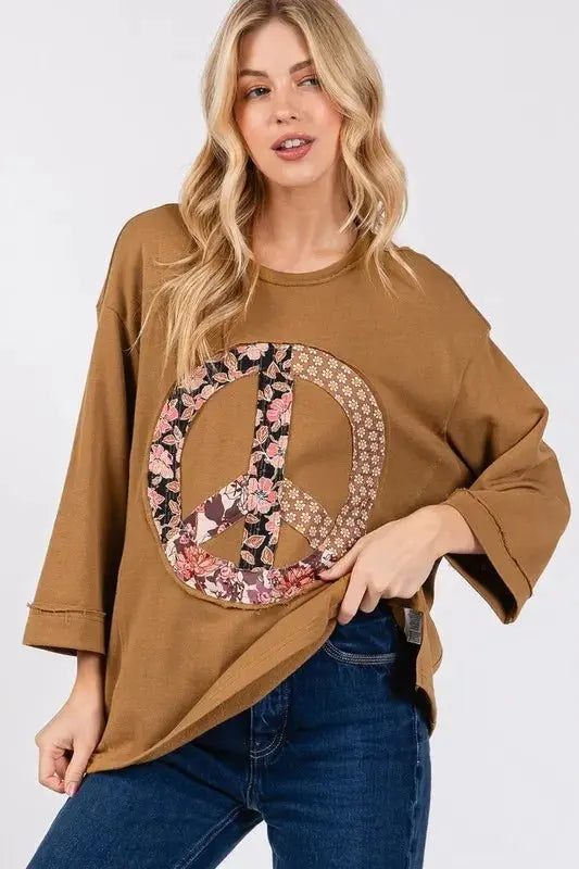 SAGE + FIG Floral Peace Patch Round Neck Top for Women - Love Salve 