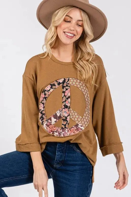 SAGE + FIG Floral Peace Patch Round Neck Top for Women - Love Salve 