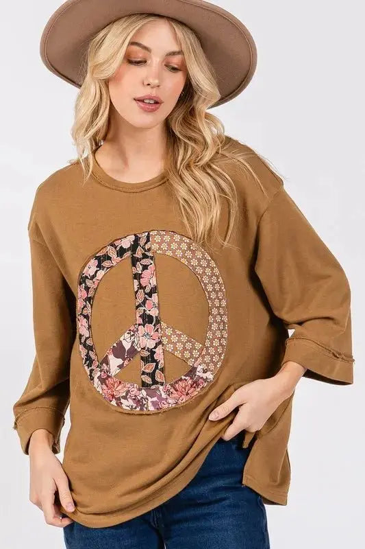 SAGE + FIG Floral Peace Patch Round Neck Top for Women - Love Salve 