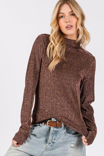 SAGE + FIG Glitter Mock Neck Lettuce Hem Long Sleeve Top - Love Salve 