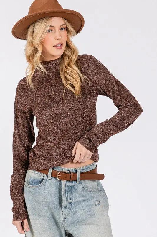SAGE + FIG Glitter Mock Neck Lettuce Hem Long Sleeve Top - Love Salve 