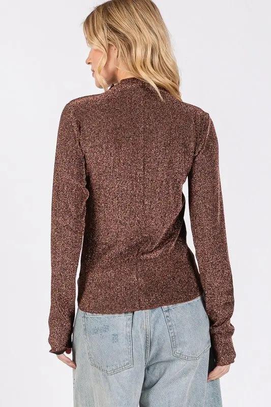 SAGE + FIG Glitter Mock Neck Lettuce Hem Long Sleeve Top - Love Salve 