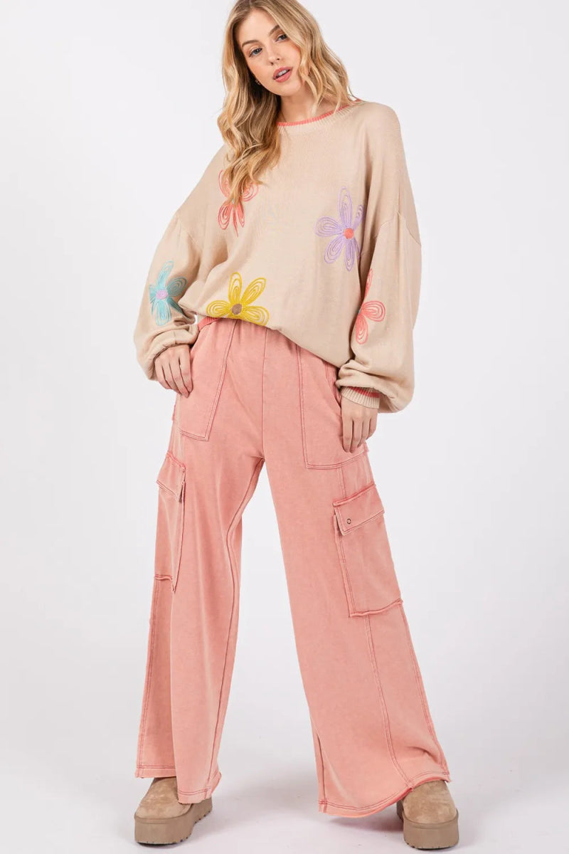 SAGE + FIG Knit Terry Mineral Wash Wide Leg Pants for Women - Love Salve