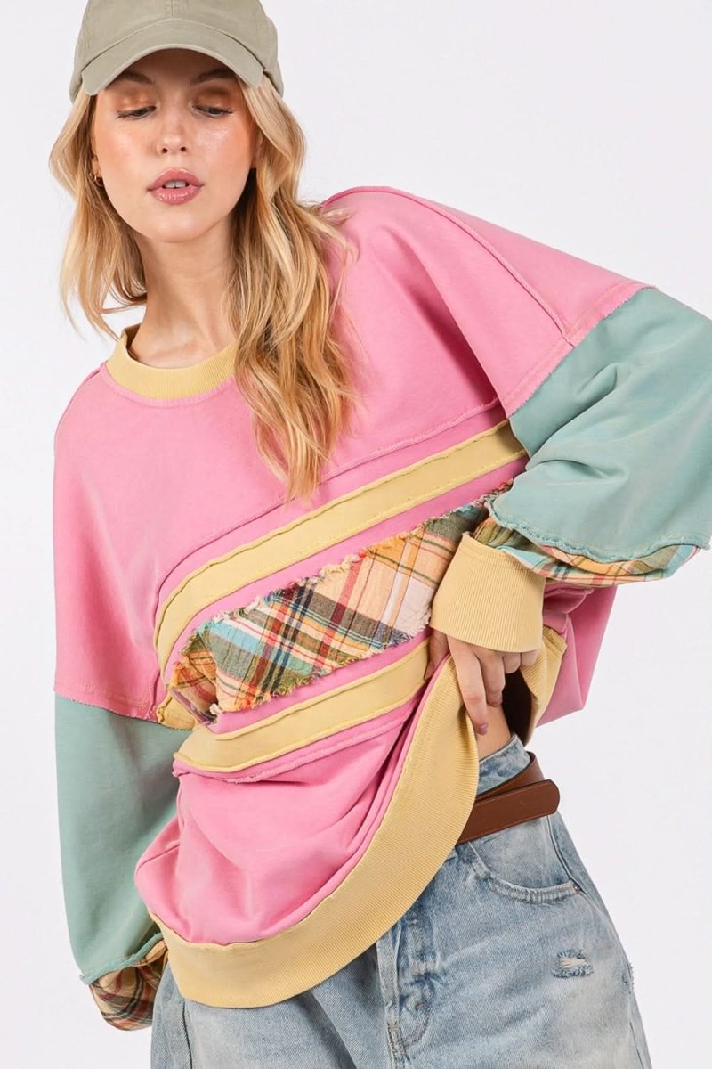 SAGE + FIG Mineral Wash Raw Edge Color Block Sweatshirt - Love Salve 